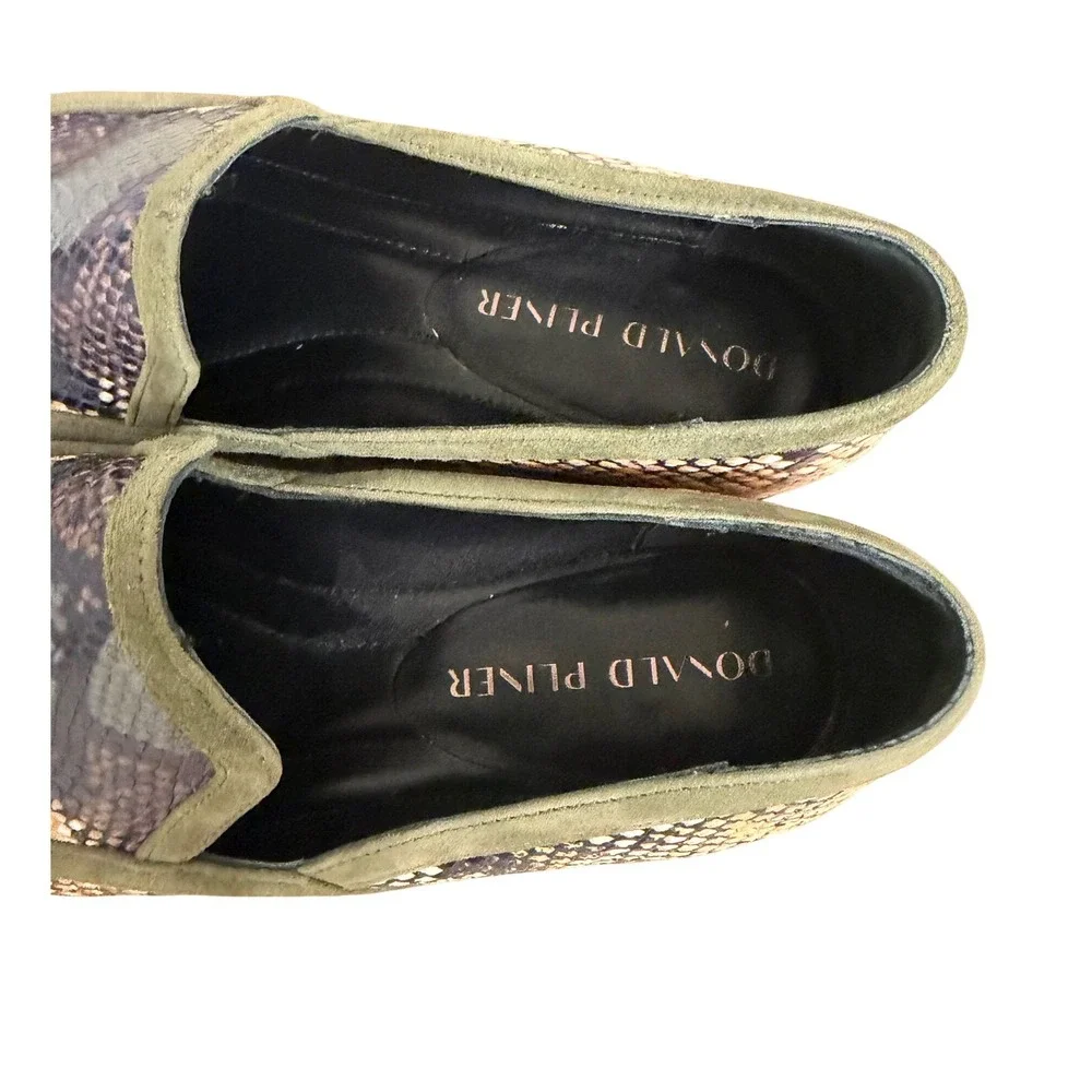 Donald Pliner Rezza Snakeskin Embossed Leather Loafers Olive Suede Trim 8.5M